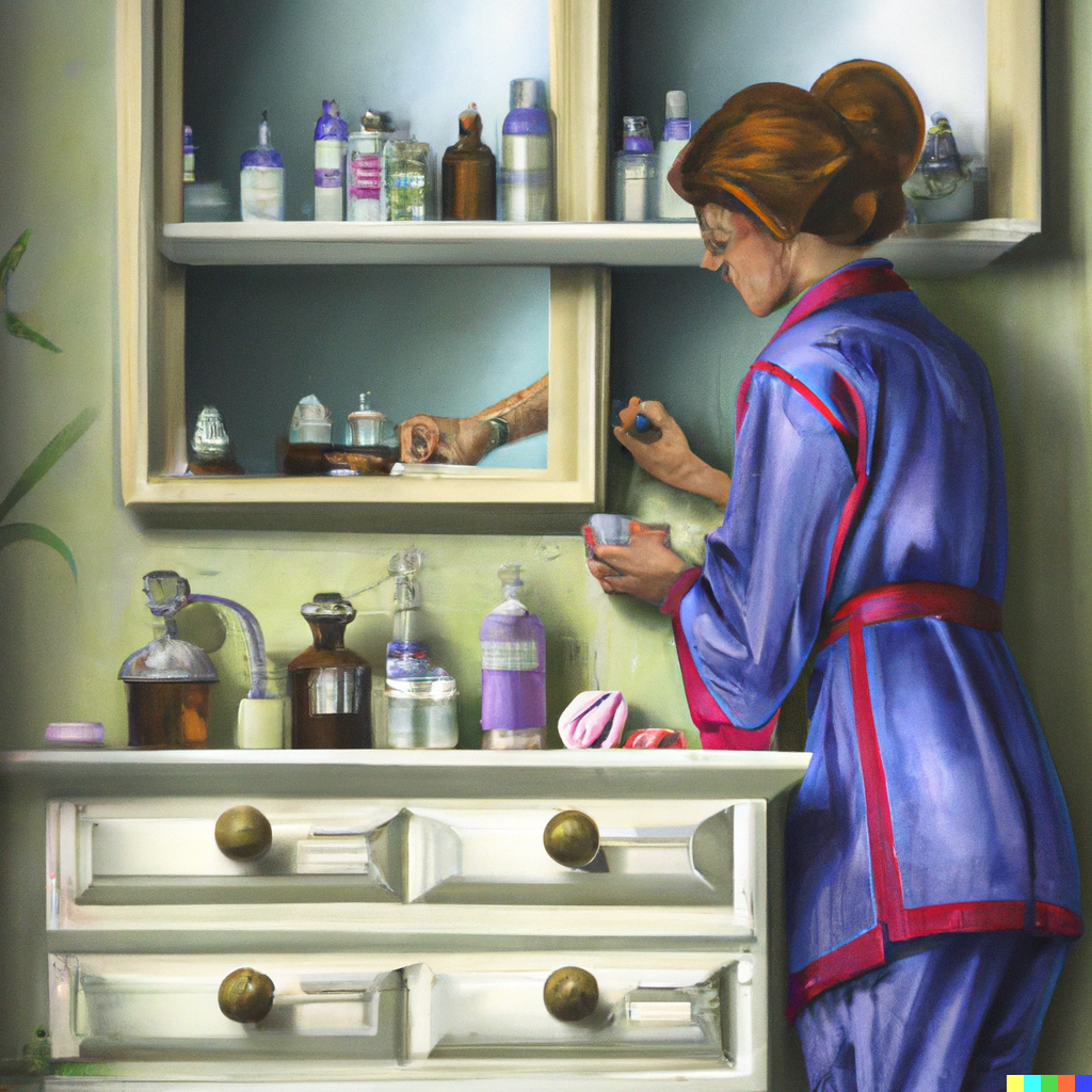 Woman searching for expired medications in her medicine cabinet