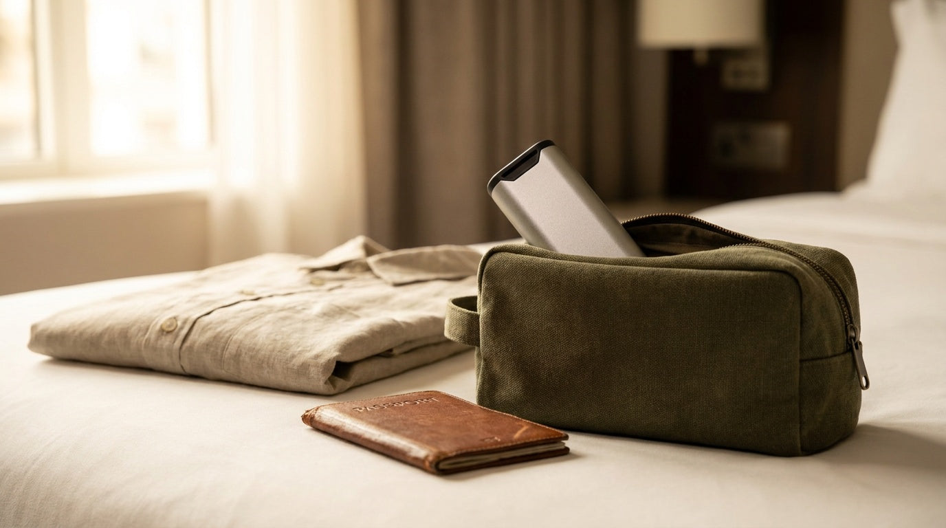 A silver Mannox pill box tucked into a wash bag on a hotel bed beside a passport