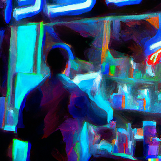 Man browsing pill organisers at night, oil painting